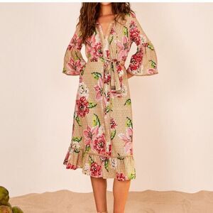 FARM RIO Floral ruffle beaded linen blend midi dress size L